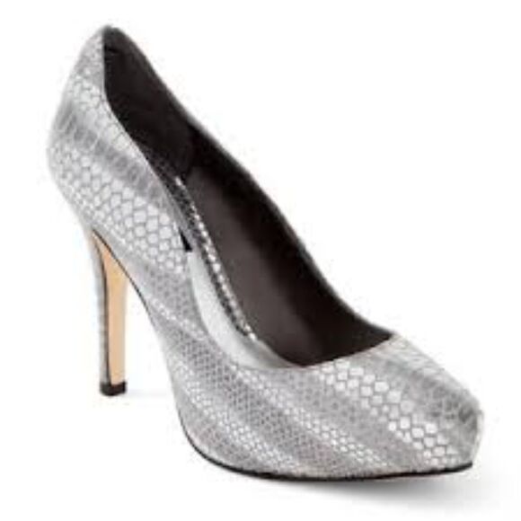 WHBM Platform Heels 7.5 7.5M Silver Rece Metallic Snake Print - Picture 1 of 15